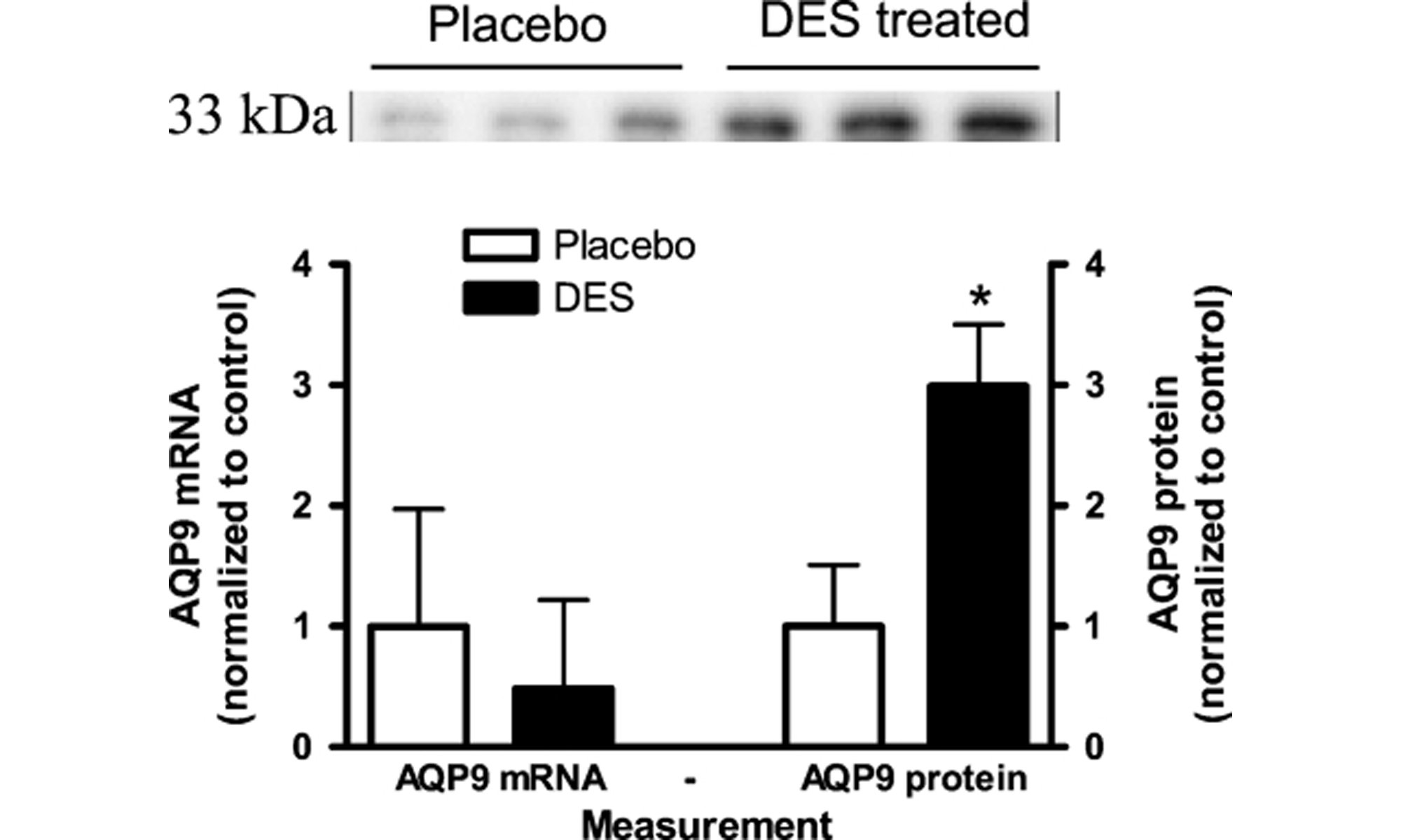 image of AQP9 mRNA and protein levels in DES-exposed